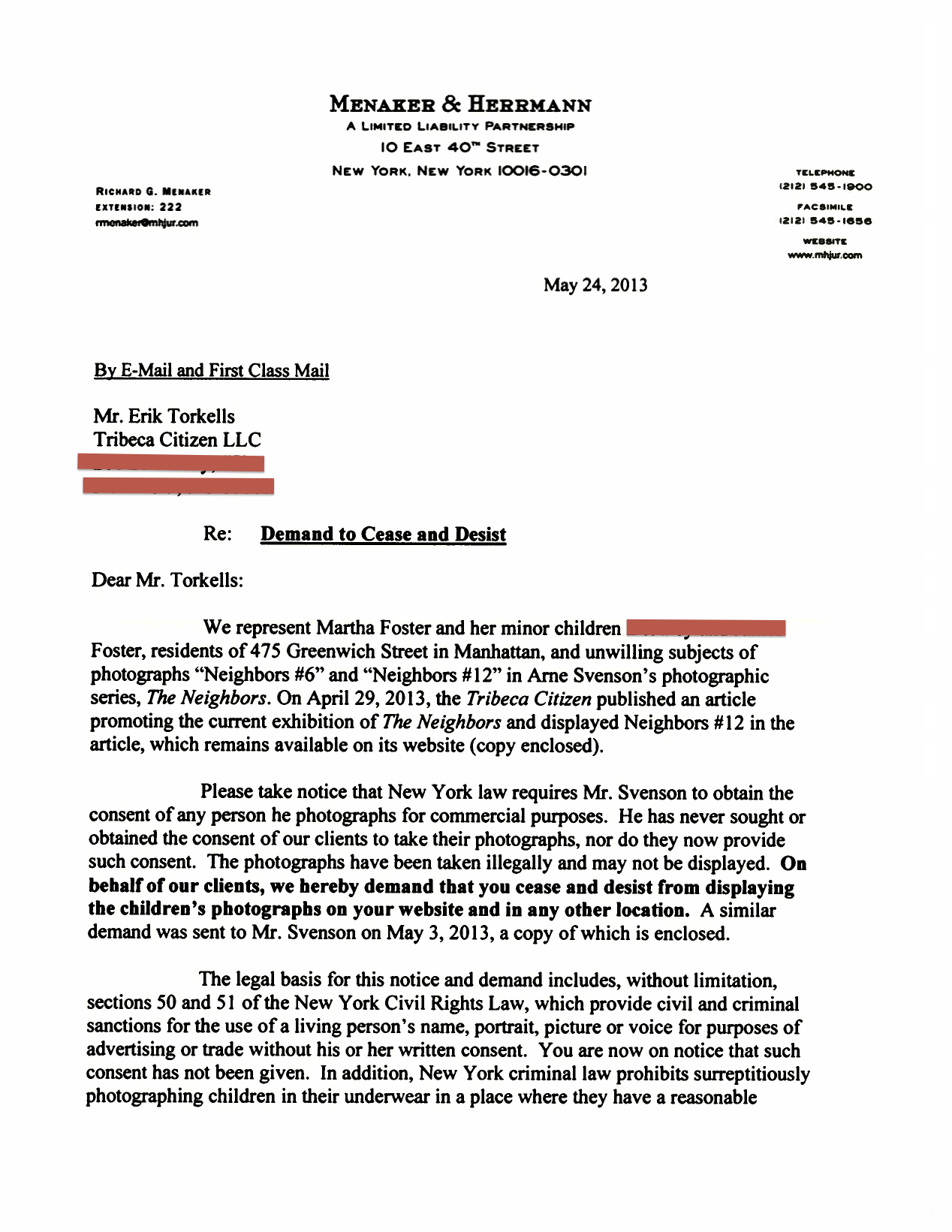 Tribeca Citizen My Very First Cease And Desist Letter