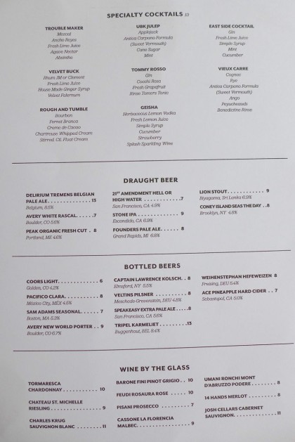 Union Bar and Kitchen drinks menu