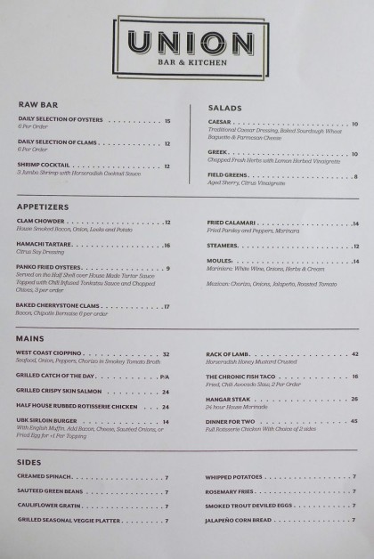 Union Bar and Kitchen menu