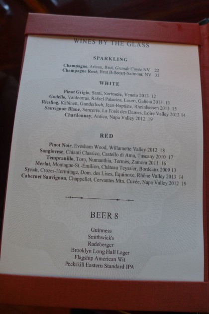 Pier A Harrison Room beer and wine menu