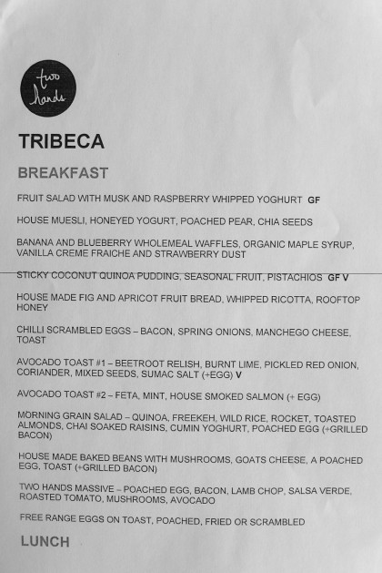 Two Hands Tribeca breakfast menu