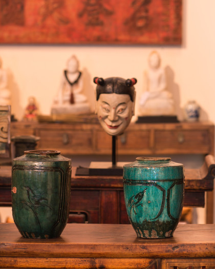Abhaya green pots and mask by Claudine Williams