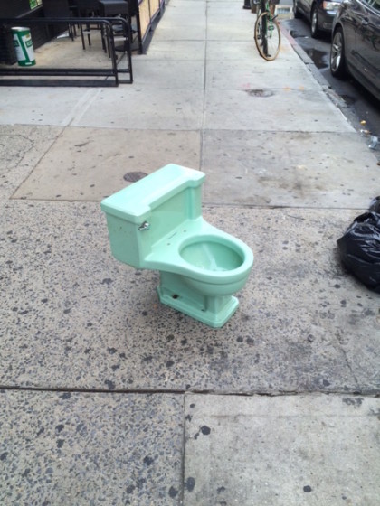 green toilet on Church every pot has a lid