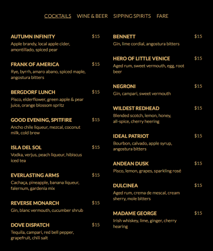 The Bennett cocktail menu