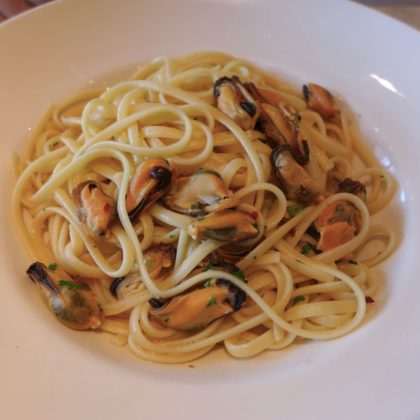 Linguine with mussels at Il Pesce at Eataly Downtown NYC