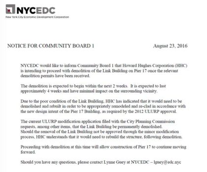 NYCEDC notice re Link Building