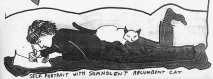 Self-portrait with somnolent recumbent cat