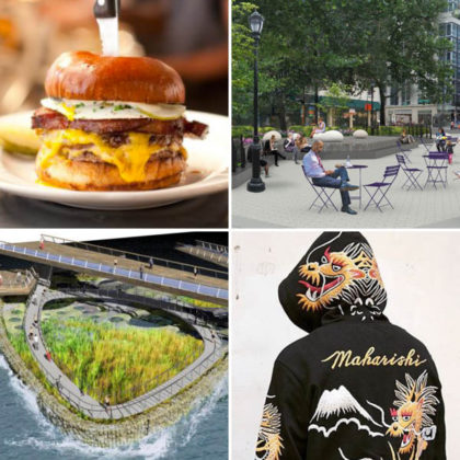 Clockwise from top left: Au Cheval burger, Bogardus Plaza rendering, Maharishi clothing, Pier 26 rendering
