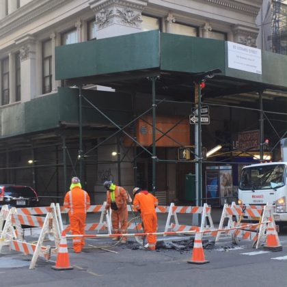 Weekend street construction at Broadway and Leonard