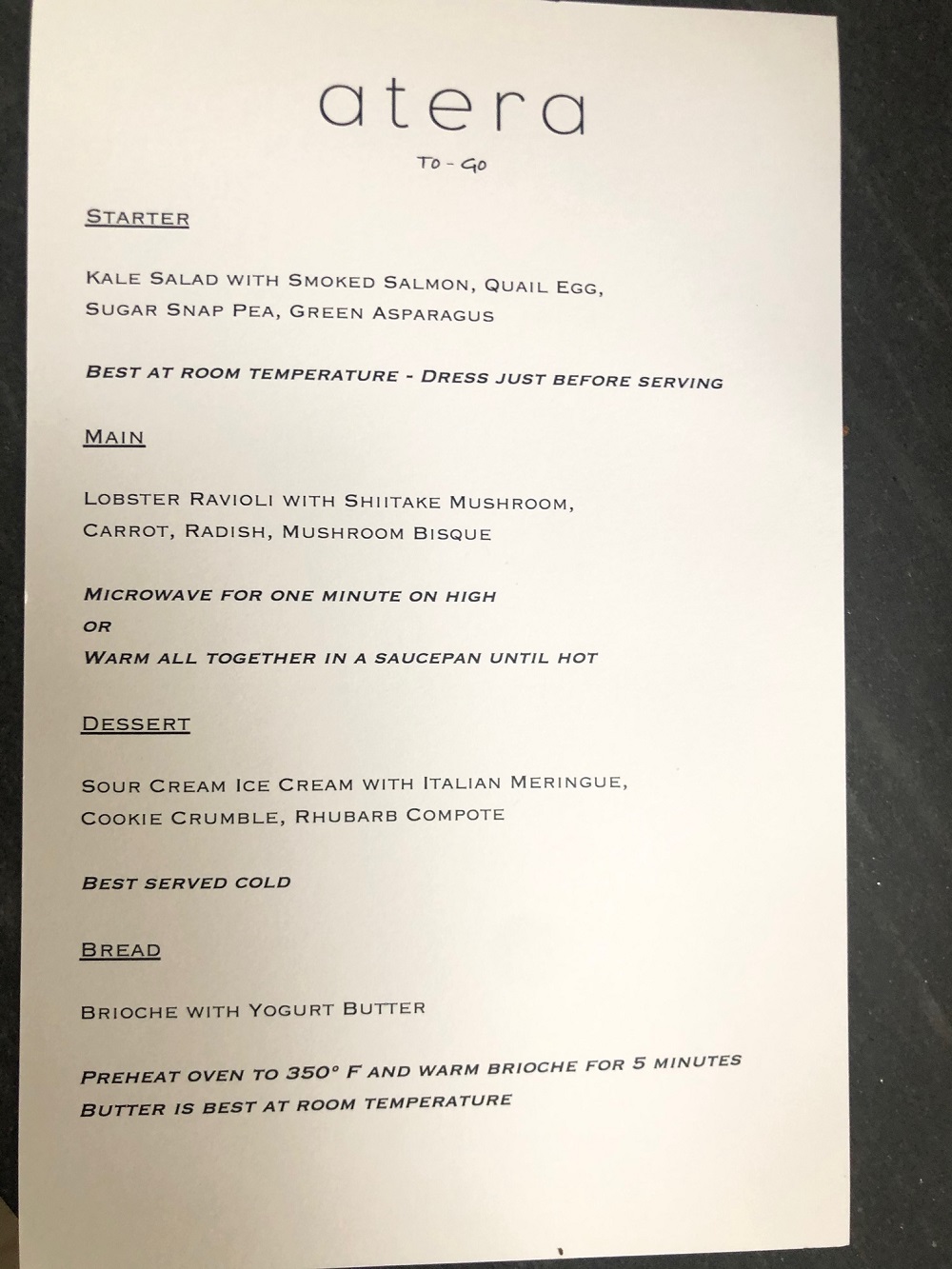 Atera restaurant menu
